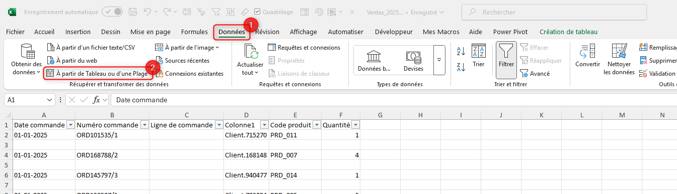 Charger un tableau dans Power Query : Données > À partir de Tableau ou d'une Plage dans Excel