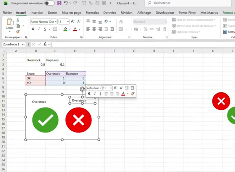 Indicateur Excel final : coche verte et croix rouge avec leurs libellés
