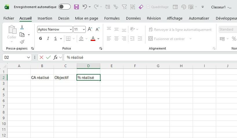 Tableau Excel avec CA réalisé, Objectif et % réalisé