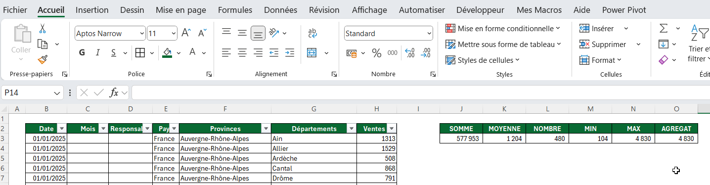 Interface Excel : ruban avec onglets Accueil, Insertion, Mise en page, et un tableau de ventes par province