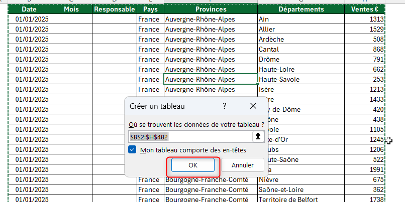 Boîte de dialogue Créer un tableau dans Excel avec la plage des données et l'option en-têtes