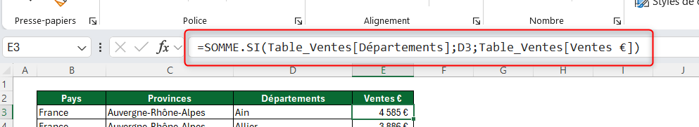 Formule SOMME.SI Excel sur un tableau structuré pour additionner les ventes par département