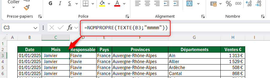 Fonction NOMPROPRE et TEXTE combinées dans Excel pour extraire un nom de mois en majuscule à partir d'une date