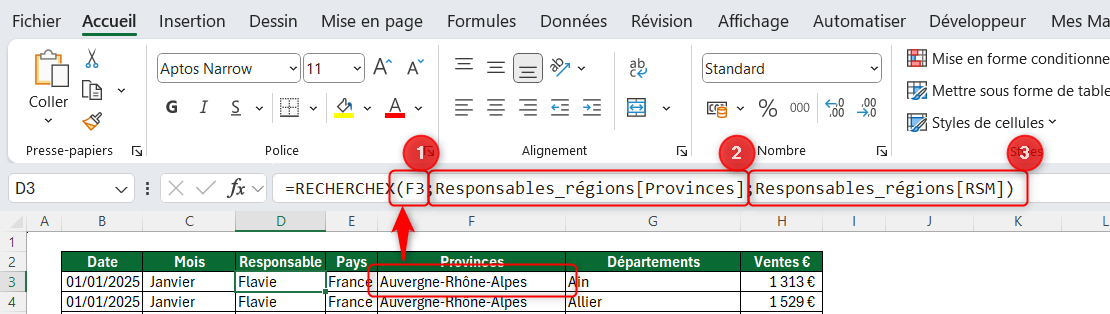 Décomposition d'une formule RECHERCHEX Excel argument par argument avec annotations colorées