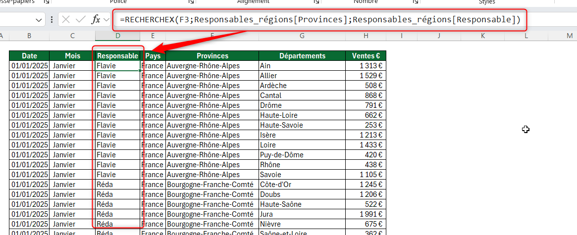 Résultat de la formule RECHERCHEX appliquée sur une colonne Responsable d'un tableau Excel structuré