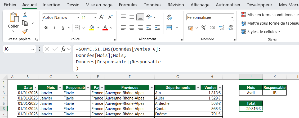 Formule SOMME.SI.ENS Excel pour calculer le total des ventes selon plusieurs critères (mois et responsable)