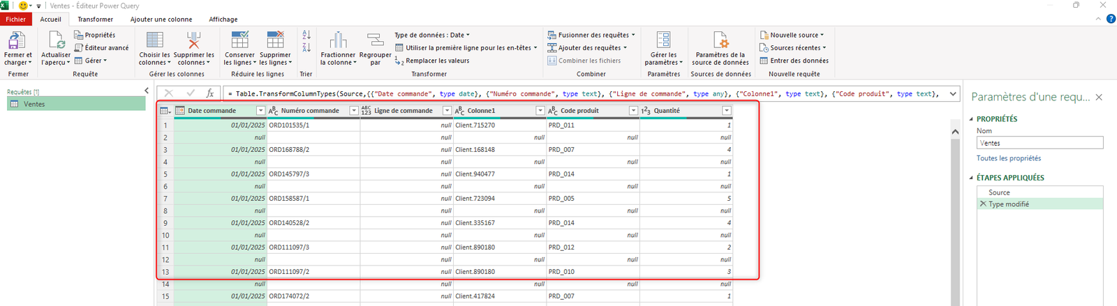 Aperçu des données importées dans Power Query