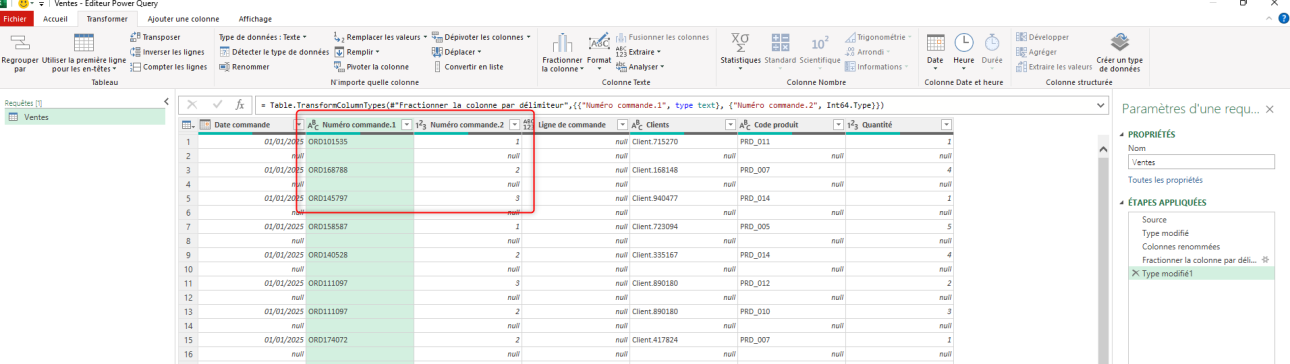 Transformer une colonne dans Power Query (fractionner par délimiteur)