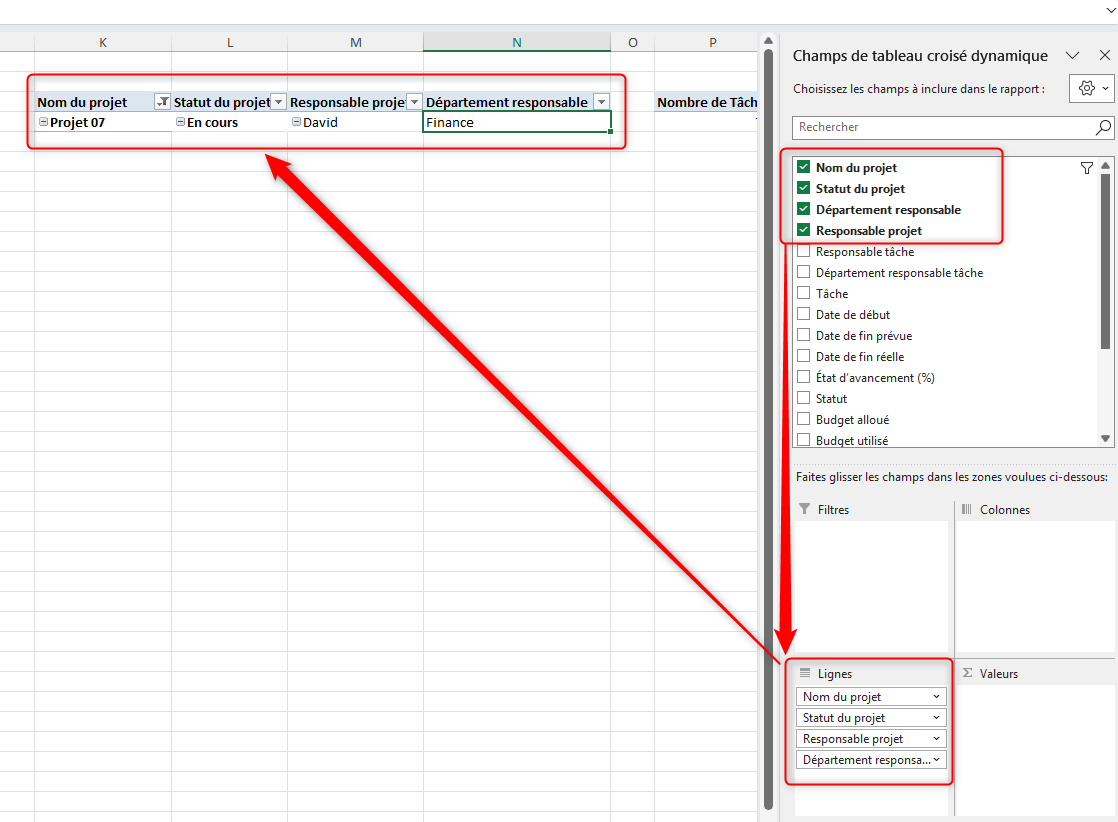 Création d'un tableau croisé dynamique Excel avec les champs Nom du projet, Statut, Département, Responsable