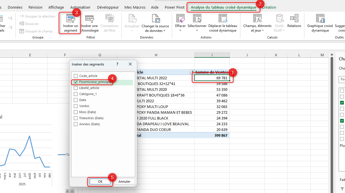 Insérer un segment depuis l'onglet Analyse du tableau croisé dynamique dans Excel