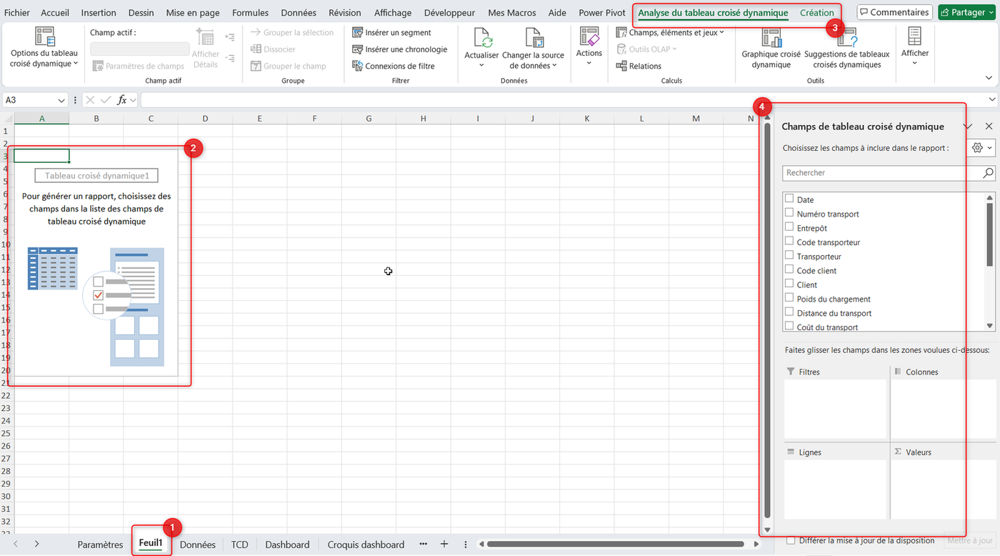 Insertion d'un nouveau tableau croisé dynamique vide dans Excel avec volet des champs