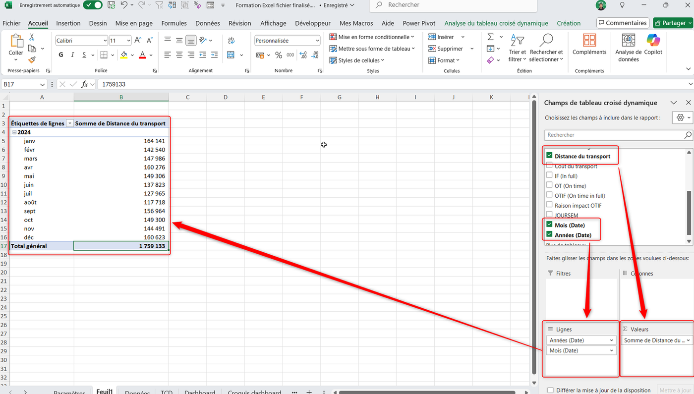 Tableau croisé dynamique Excel avec champs Mois et Année en lignes, somme par mois en valeur