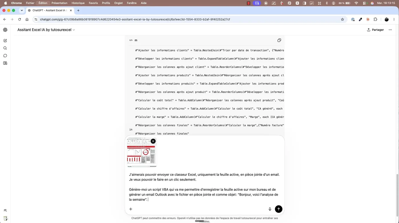 Prompt envoyé à un assistant IA pour générer une macro VBA d'envoi d'email