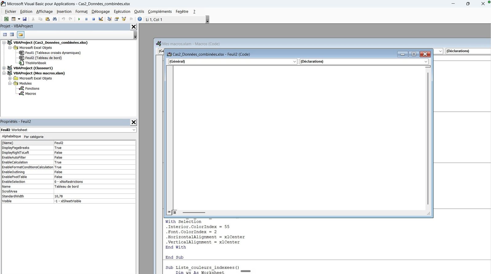 Éditeur Visual Basic for Applications d'Excel avec le code VBA collé dans un module