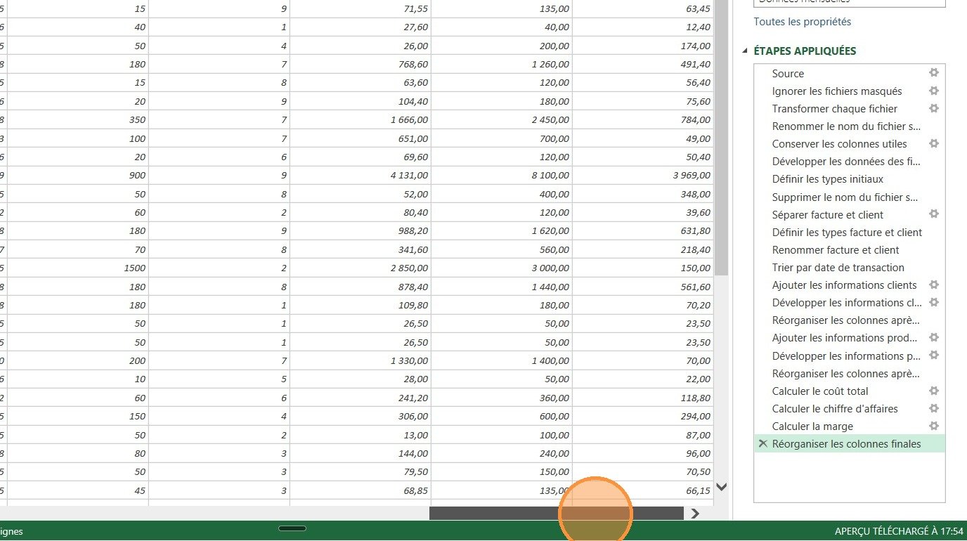Colonnes de calcul (coût, chiffre d'affaires, marge) générées étape par étape dans Power Query