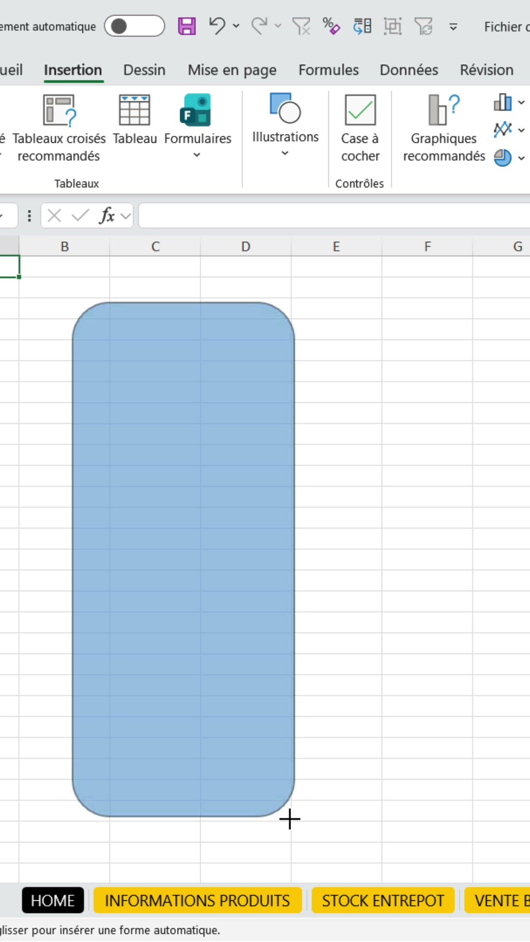 Onglet Insertion d'Excel avec le menu Illustrations et Formes, un rectangle arrondi dessiné sur la feuille
