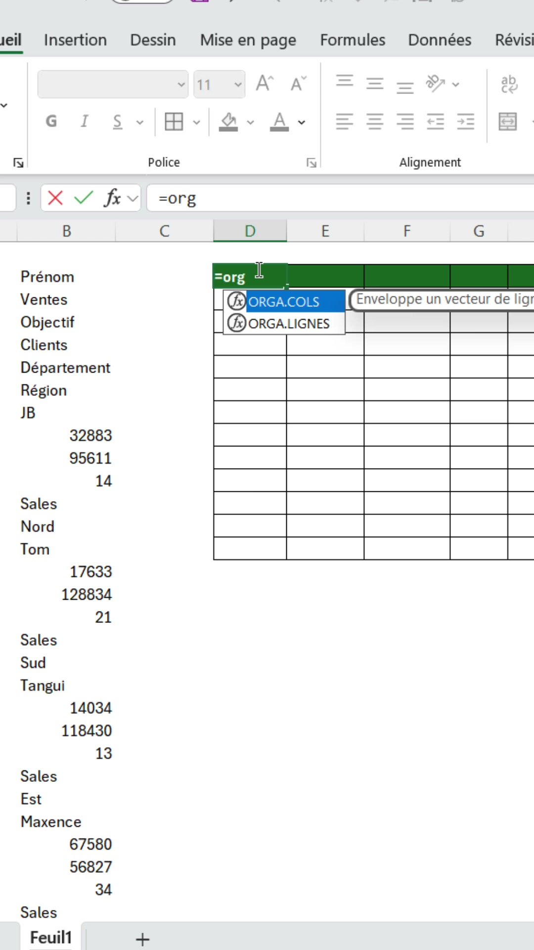 Menu de saisie semi-automatique d'Excel proposant les fonctions ORGA.LIGNES et ORGA.COLS