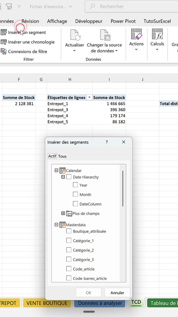 Bouton Insérer un segment dans l'onglet Analyse du tableau croisé dynamique d'Excel