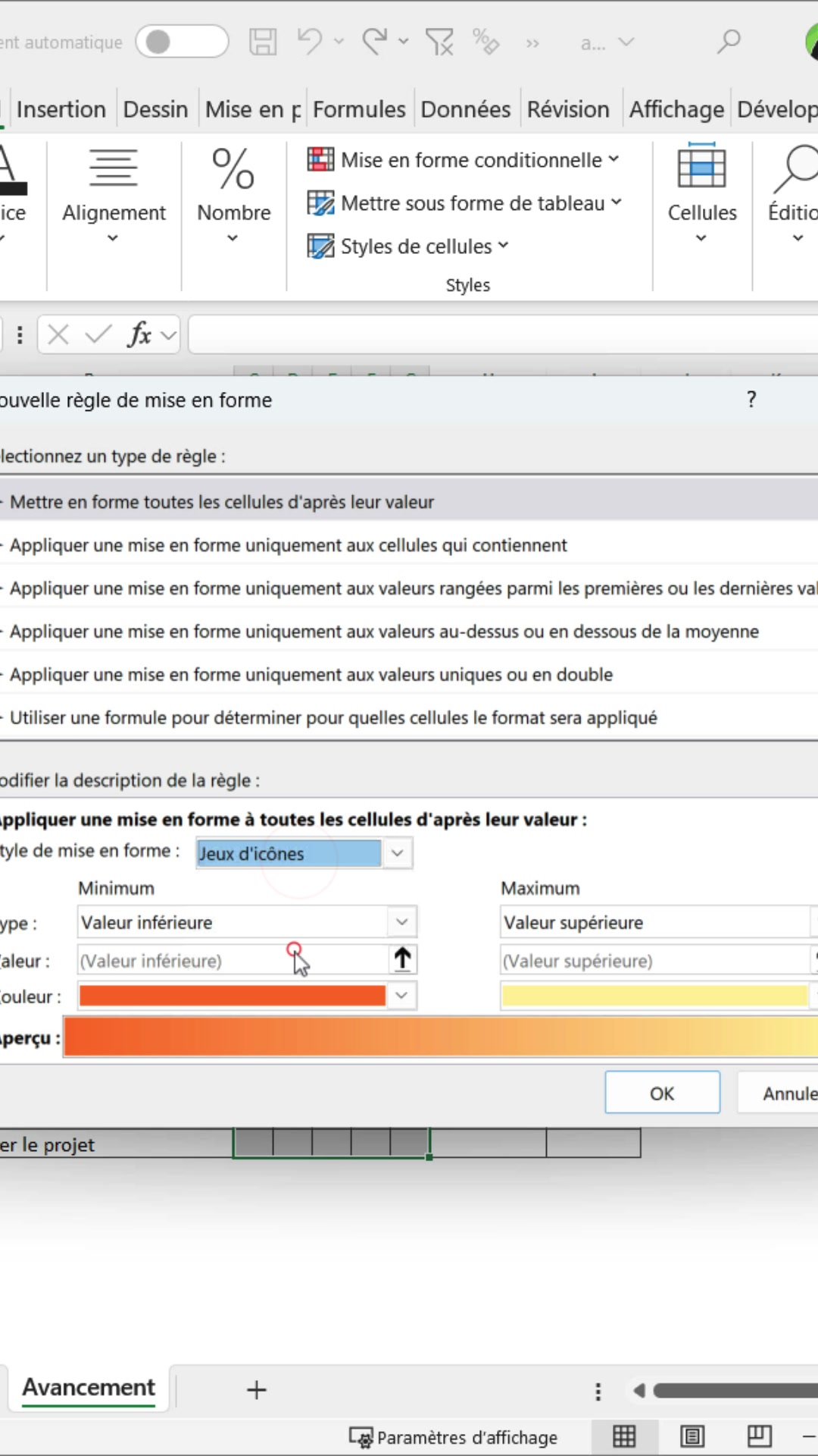 Boîte de dialogue Nouvelle règle de mise en forme d'Excel avec le style Jeux d'icônes sélectionné