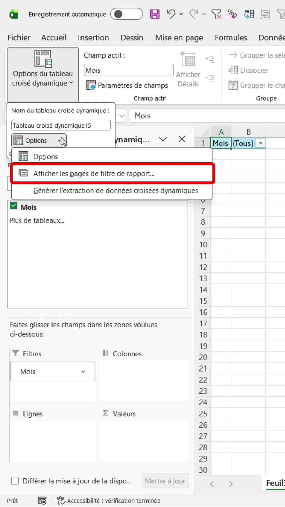 Menu Options du tableau croisé dynamique Excel avec l'option Afficher les pages de filtre de rapport