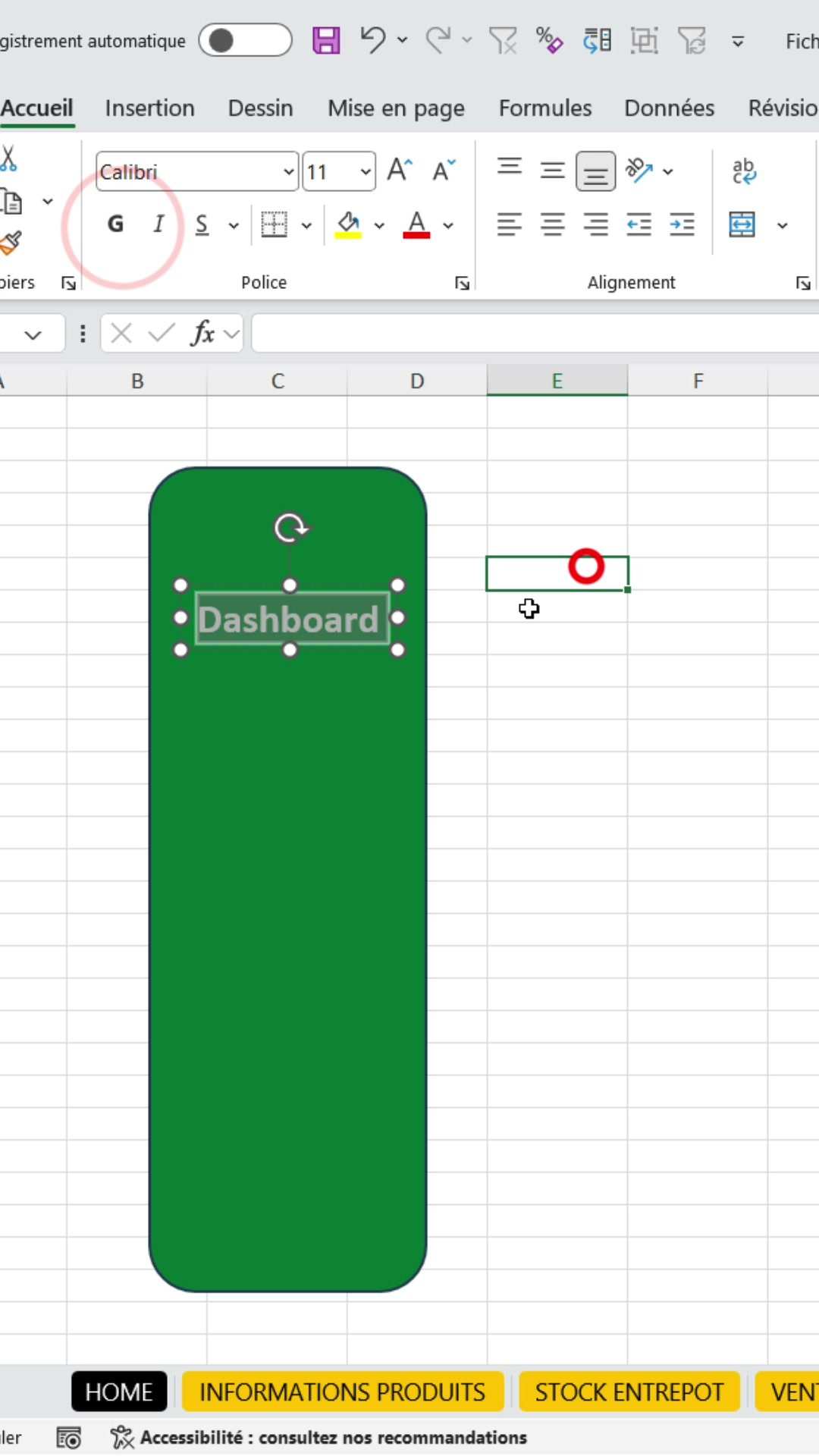 Bouton vert avec le texte Dashboard en blanc et gras dans Excel, zone de texte sans remplissage ni contour