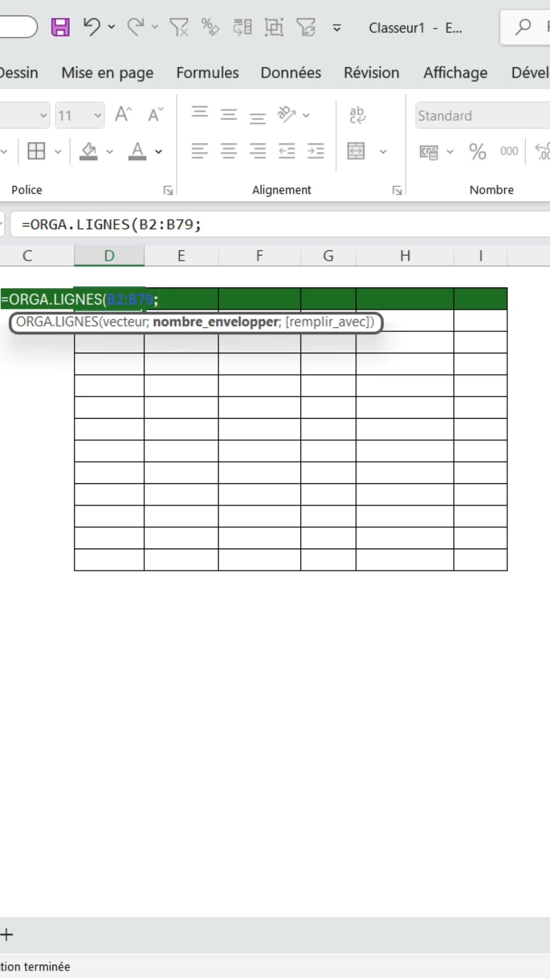 Deuxième argument de ORGA.LIGNES dans Excel : le nombre de colonnes à afficher, ici 6