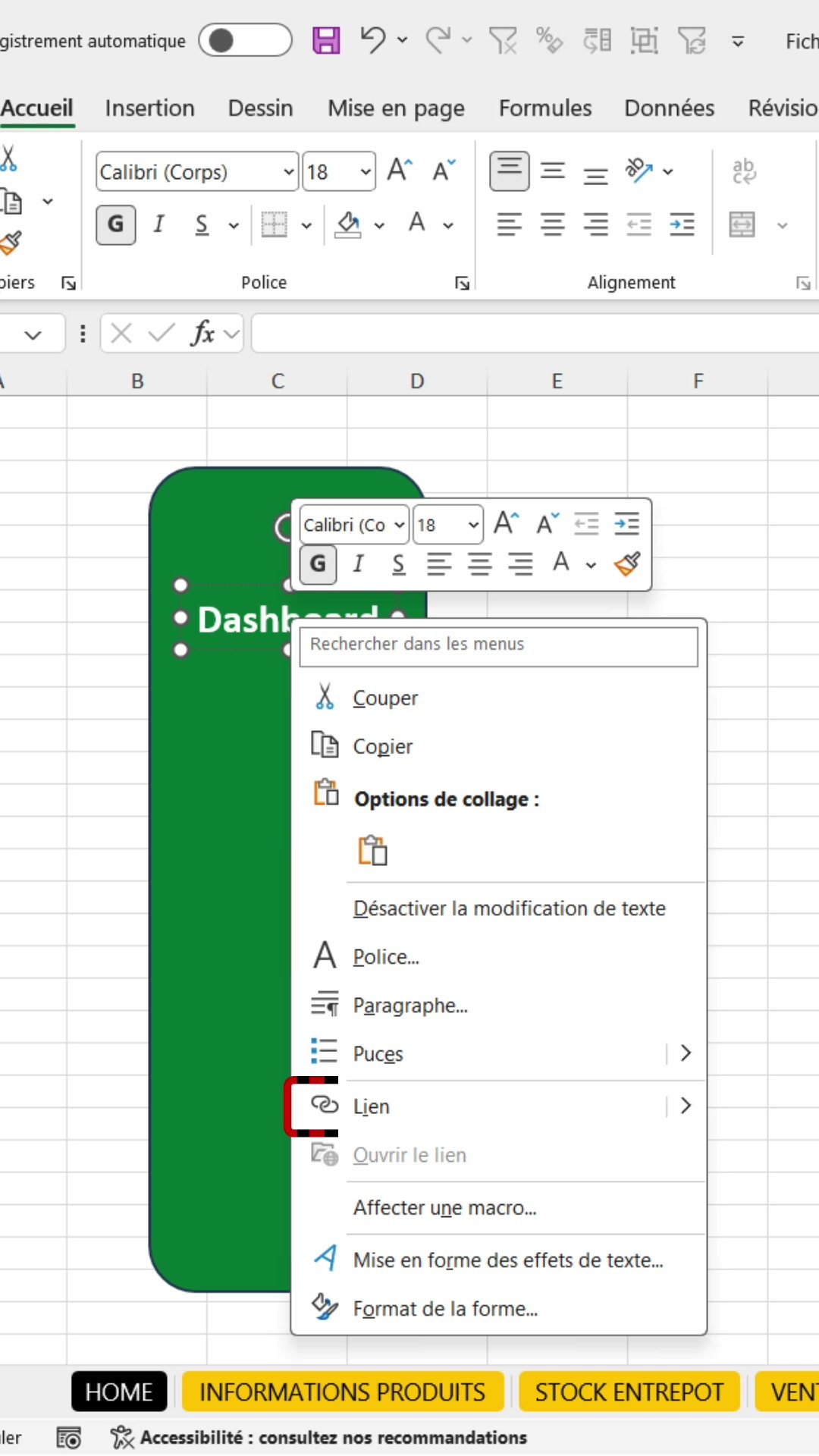 Menu contextuel d'Excel après un clic droit sur une forme, avec l'option Lien mise en évidence