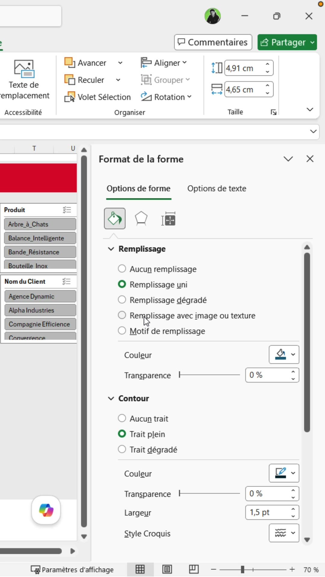 Remplissage image forme Excel : panneau Format de la forme avec l'option Remplissage avec image ou texture