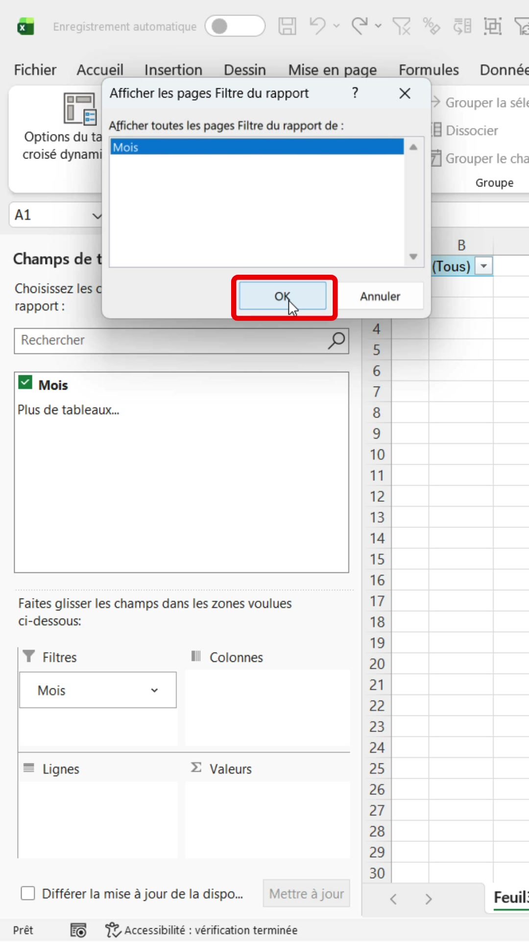Boîte de dialogue Afficher les pages Filtre du rapport d'Excel avec le champ Mois sélectionné et le bouton OK