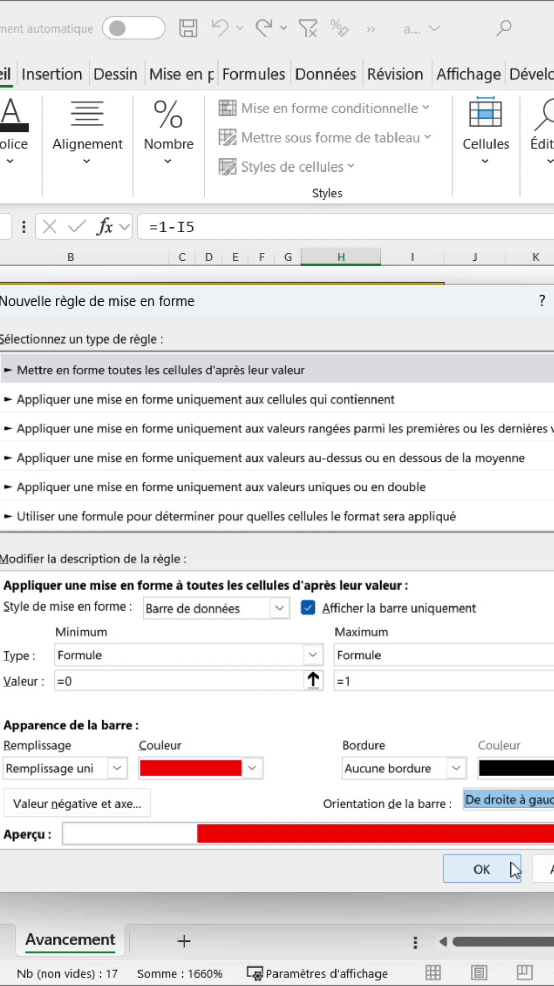 Boîte de dialogue Barre de données d'Excel : minimum et maximum en formule, barre rouge orientée de droite à gauche