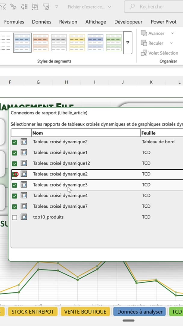 Boîte de dialogue Connexions de rapport d'Excel avec tous les tableaux croisés dynamiques cochés