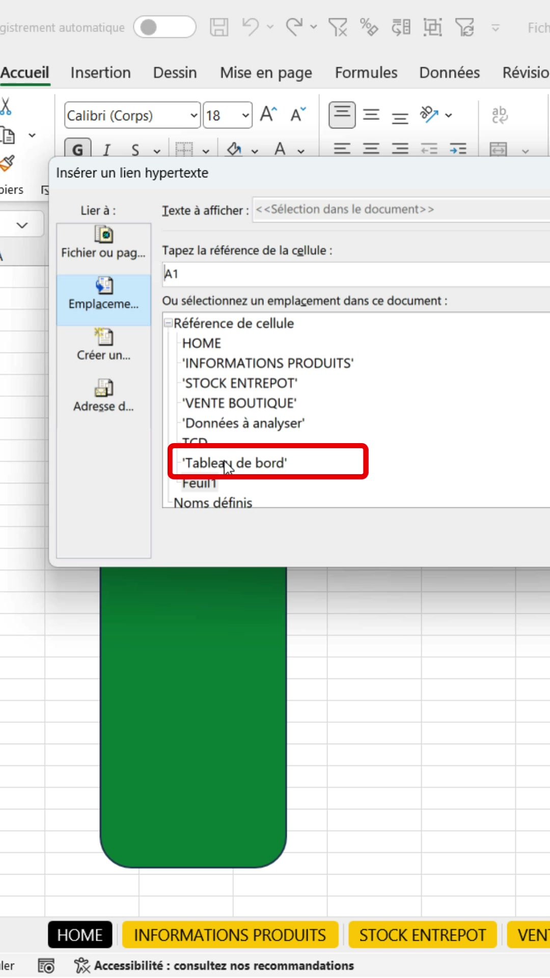 Boîte de dialogue Insérer un lien hypertexte d'Excel, section Emplacement dans ce document, feuille Tableau de bord sélectionnée