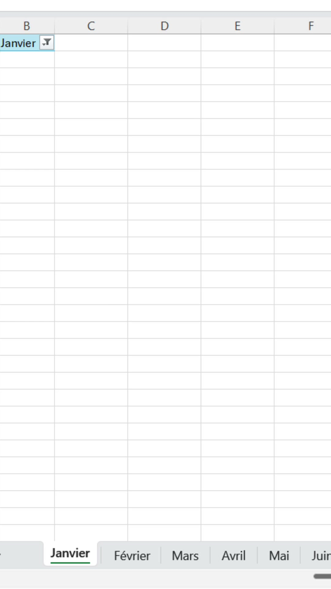 Onglets Janvier, Février, Mars, Avril, Mai créés automatiquement en bas d'un classeur Excel