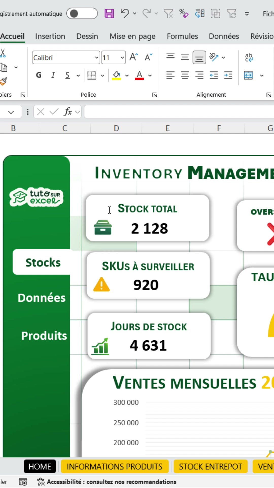 Tableau de bord Excel Inventory Management affiché après un clic sur le bouton de navigation, avec indicateurs et graphique