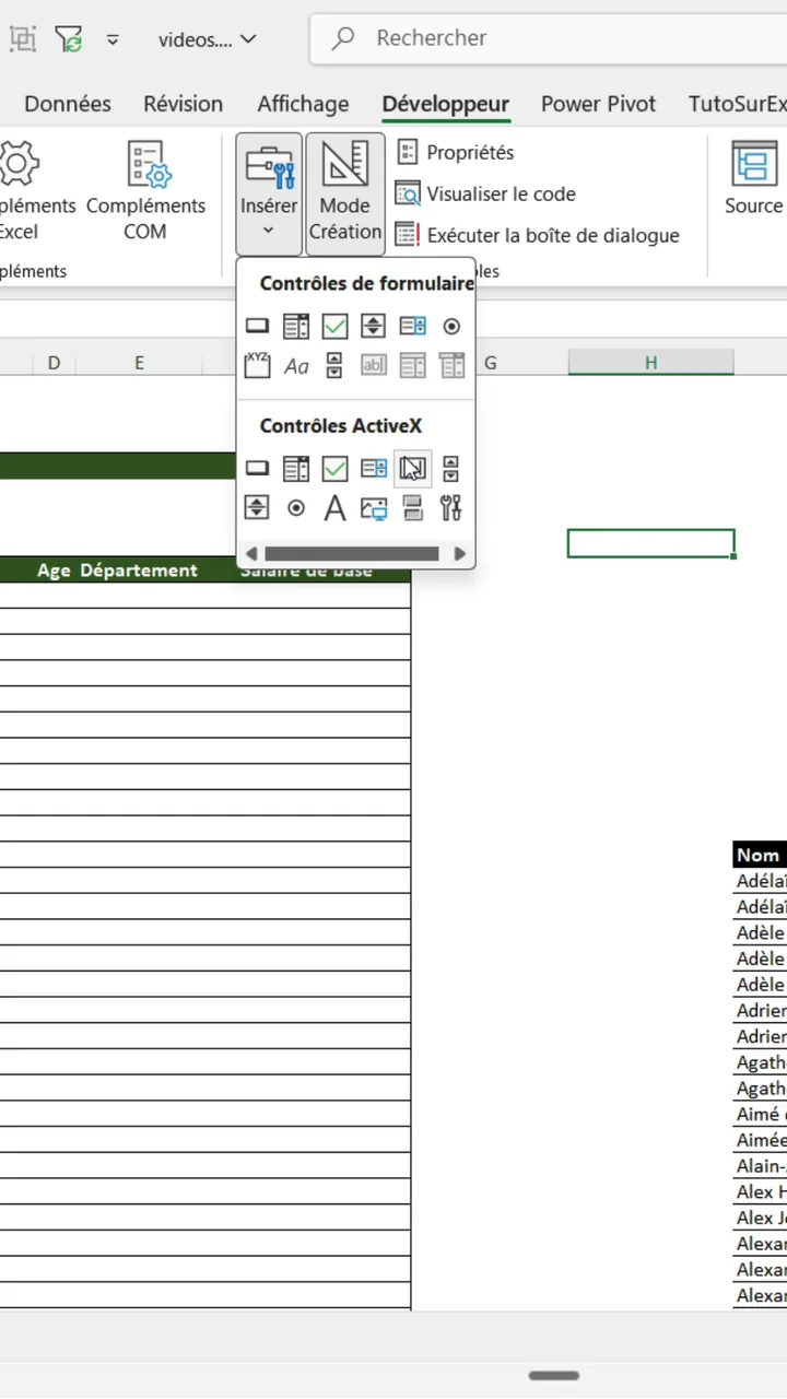 Onglet Développeur d'Excel, bouton Insérer ouvert sur les contrôles ActiveX avec la zone de texte