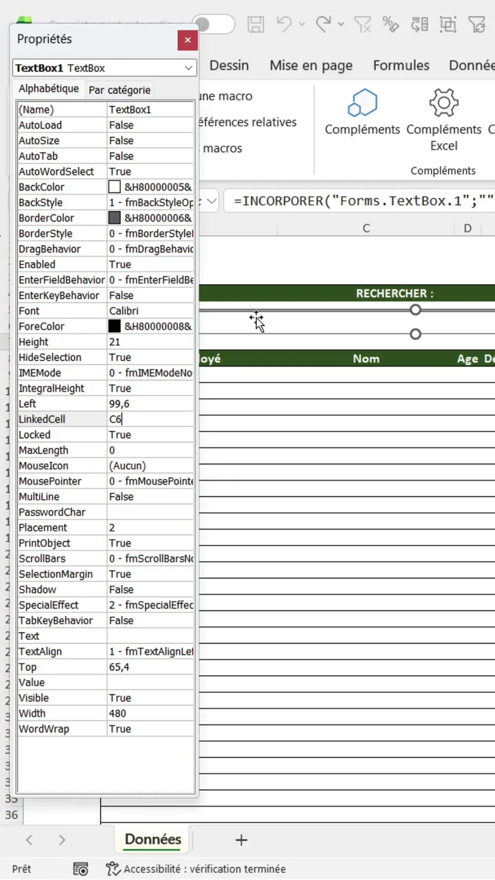 Fenêtre Propriétés de la zone de texte d'Excel avec la propriété LinkedCell réglée sur C6