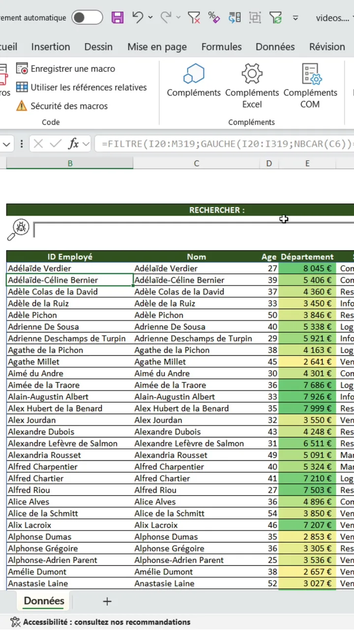 Feuille Excel avec la barre de recherche vide et le tableau complet généré par FILTRE