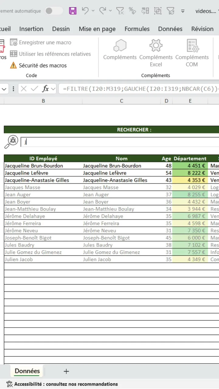 Barre de recherche Excel où la lettre j filtre le tableau sur les prénoms commençant par J