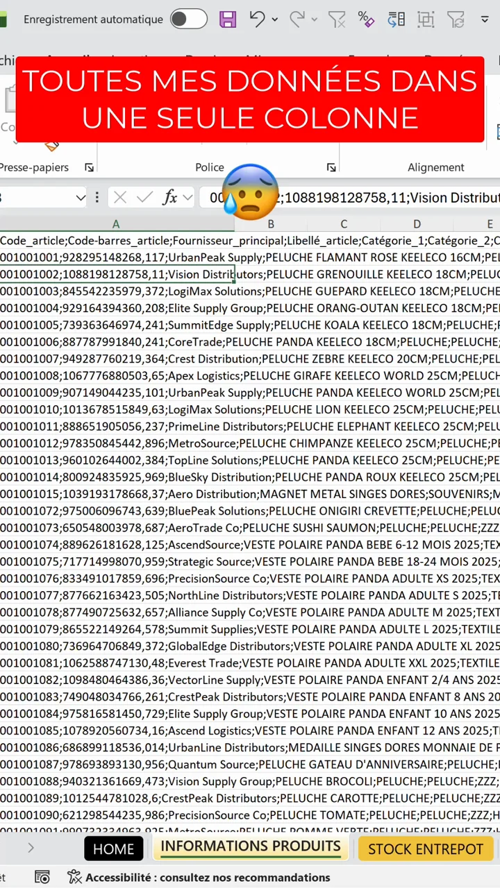 Export Excel avec toutes les données empilées dans la colonne A et séparées par des points-virgules