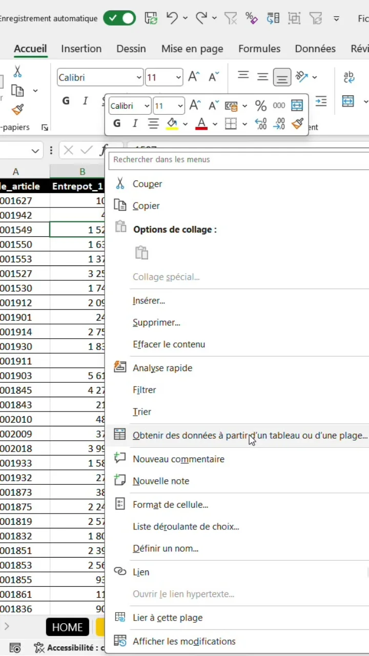 Menu clic droit d'Excel ouvert sur l'option Obtenir des données à partir d'un tableau ou d'une plage