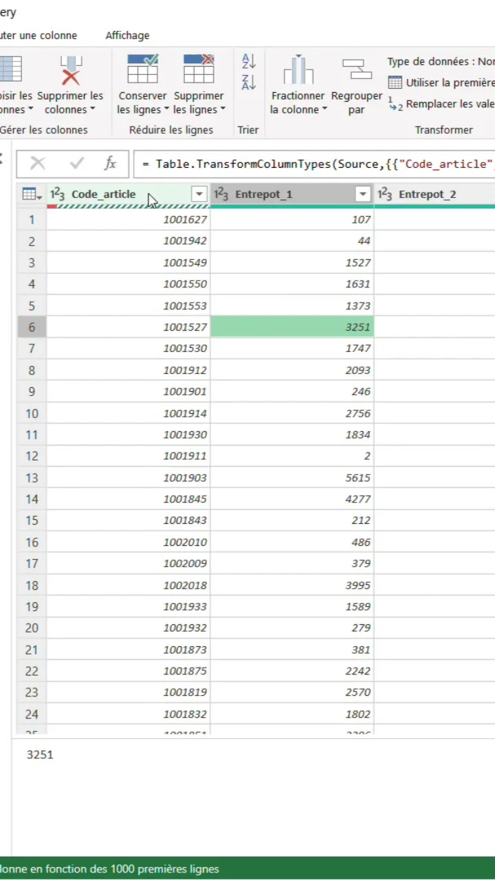 Fenêtre Power Query avec la colonne Code_article sélectionnée, à côté des colonnes Entrepot_1 et Entrepot_2