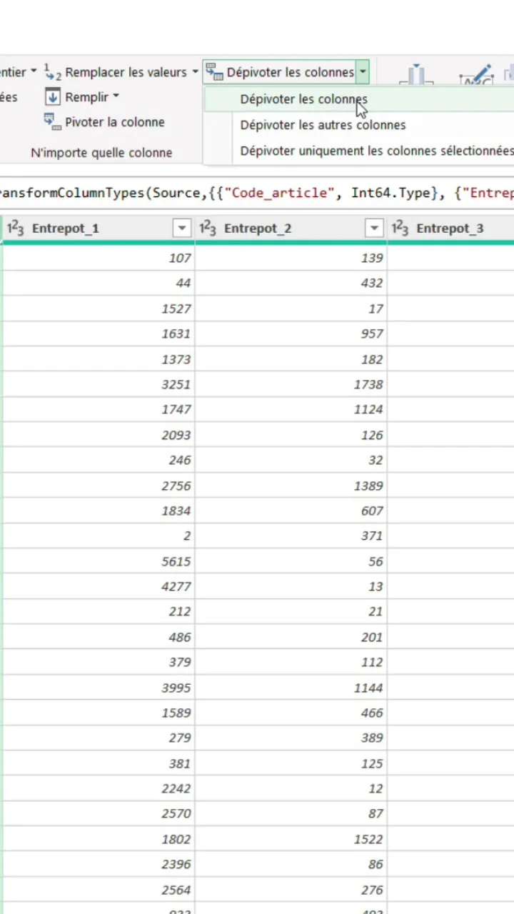 Onglet Transformer de Power Query, menu Dépivoter les colonnes ouvert sur l'option Dépivoter les autres colonnes