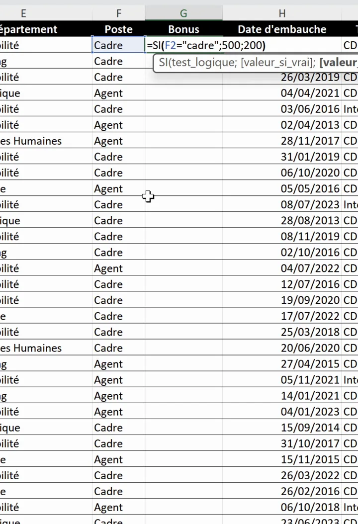 Formule SI comparant la cellule F2 au texte cadre pour renvoyer 500 ou 200, en cours de saisie dans Excel avec l’infobulle des arguments