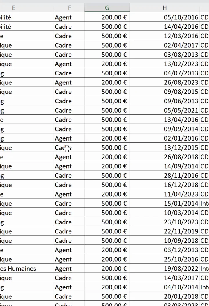 Colonne Bonus entièrement remplie dans Excel, 500 euros en face de chaque cadre et 200 euros en face de chaque agent