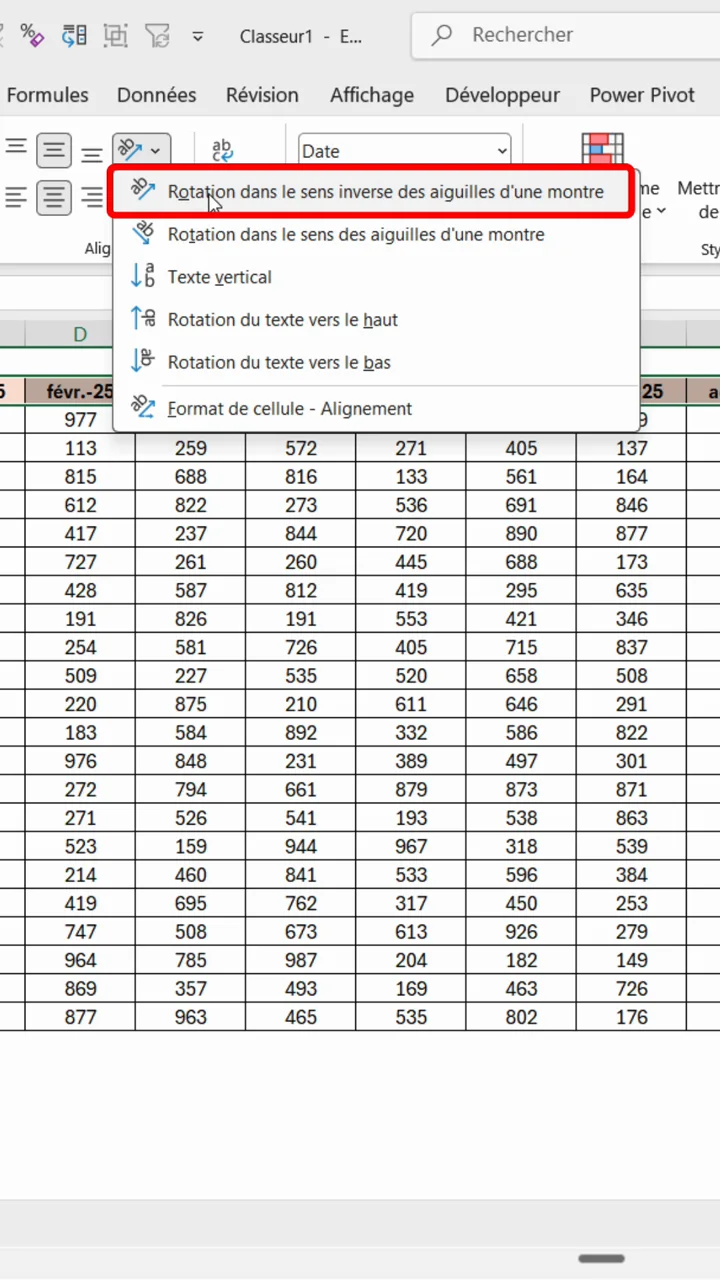 Menu Orientation d'Excel avec l'option Rotation dans le sens inverse des aiguilles d'une montre