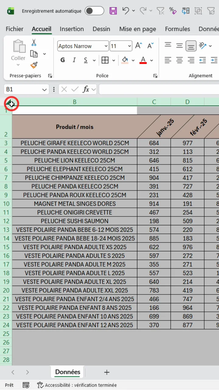 Clic sur le triangle en haut à gauche pour sélectionner toute la feuille Excel
