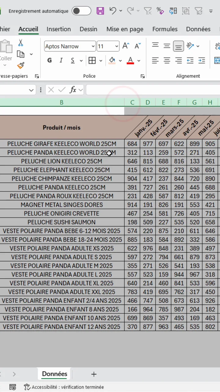 Tableau Excel compact avec des entêtes de colonnes inclinés et des largeurs ajustées