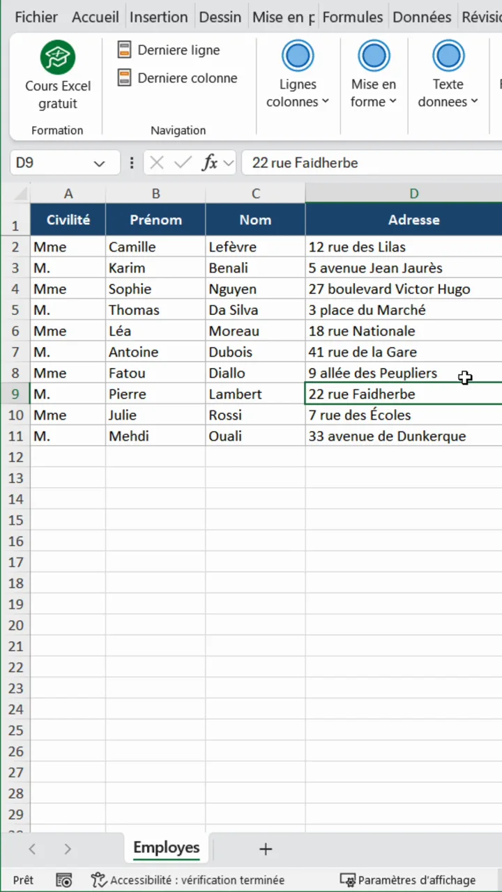Fichier Excel source du publipostage avec les colonnes Civilité, Prénom, Nom et Adresse pour dix employés