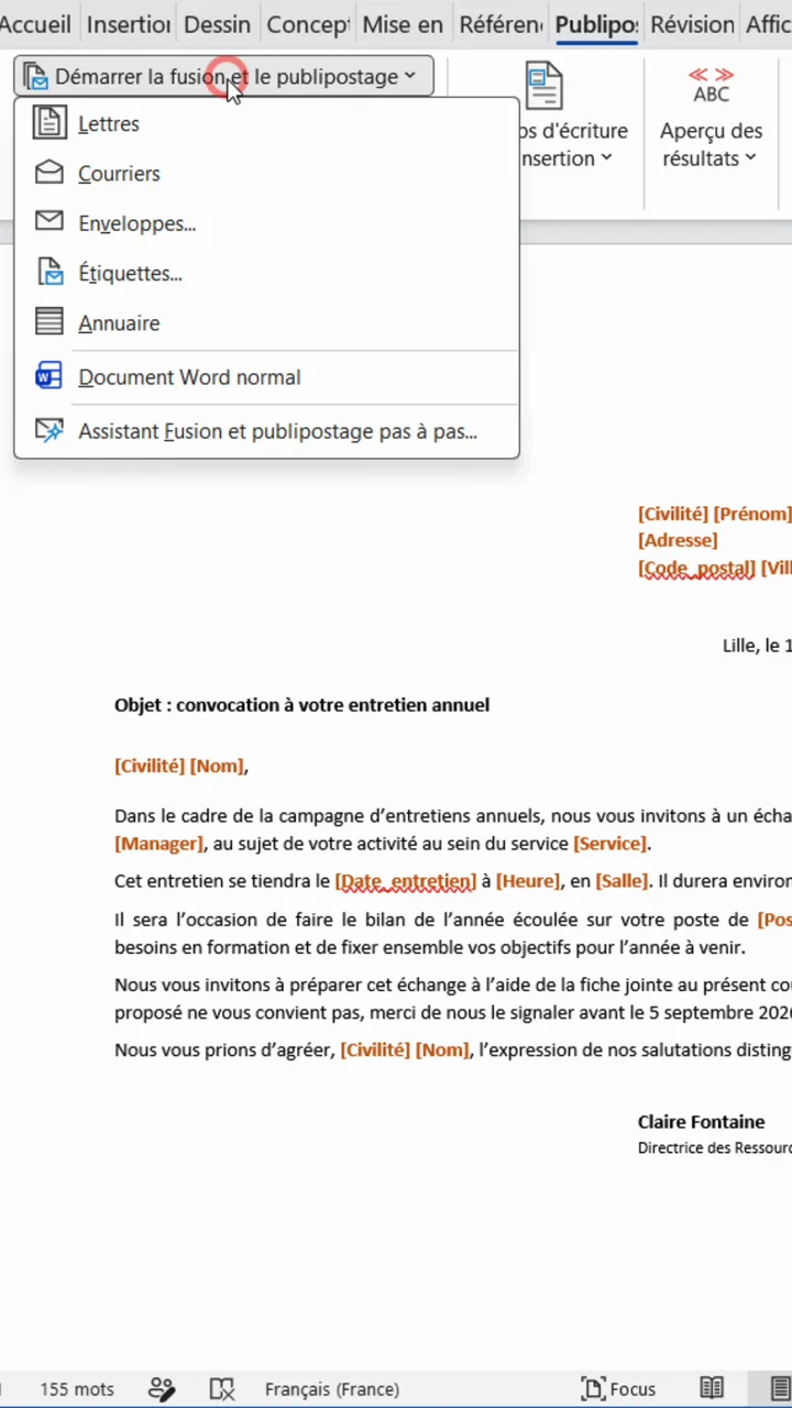 Menu Démarrer la fusion et le publipostage dans Word avec l'option Assistant Fusion et publipostage pas à pas