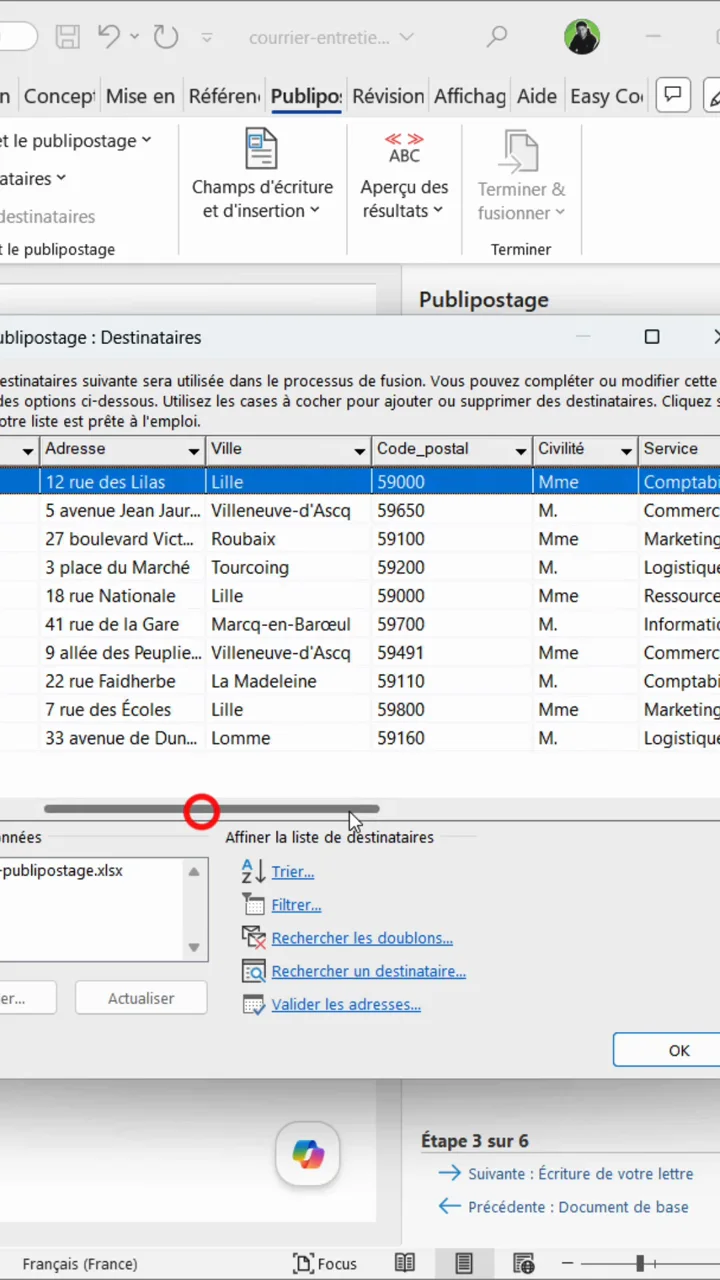 Fenêtre des destinataires du publipostage Word affichant les données du fichier Excel connecté